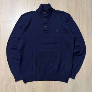Polo Ralph Lauren Cotton Buttonup Long Sleeve Knit Sweater Mens Small Navy Blue